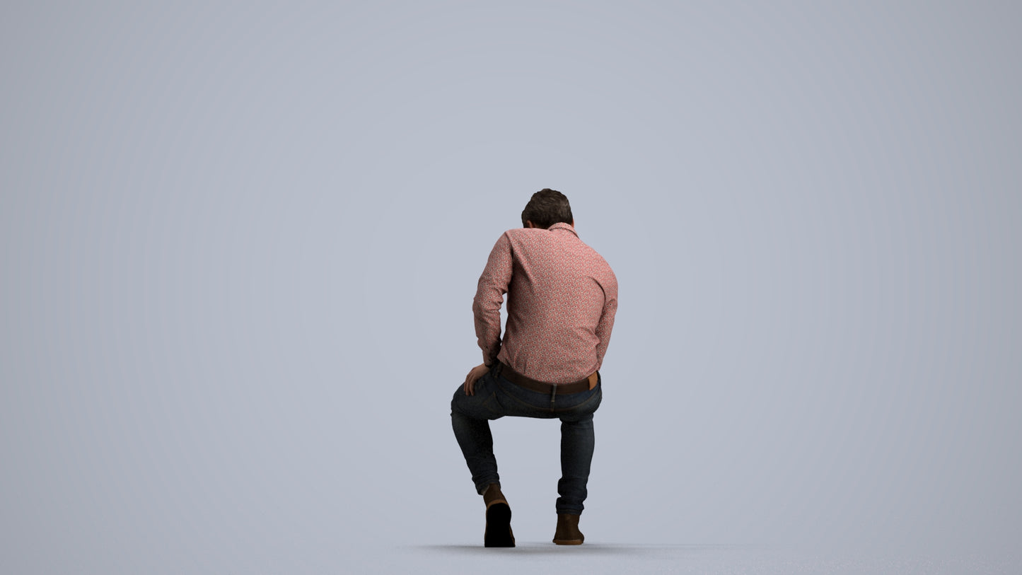 3D people model man casual sitting, scanned human for 3ds Max rendering, front view render
