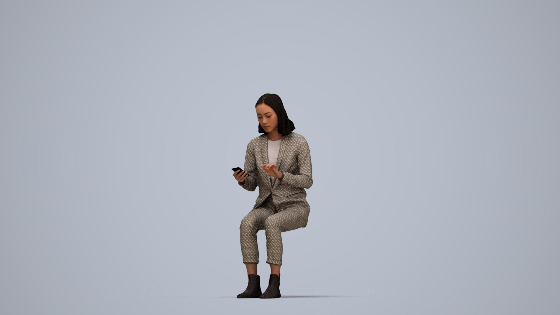realistic 3D human woman business, archviz people FBX OBJ for Blender, top-down view render