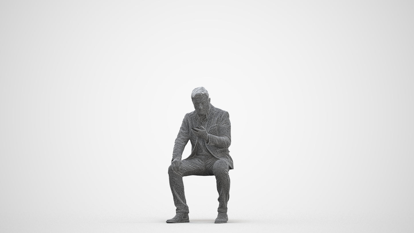 3D scanned man sitting business, photorealistic archviz people for Enscape and SketchUp, three-quarter front view render