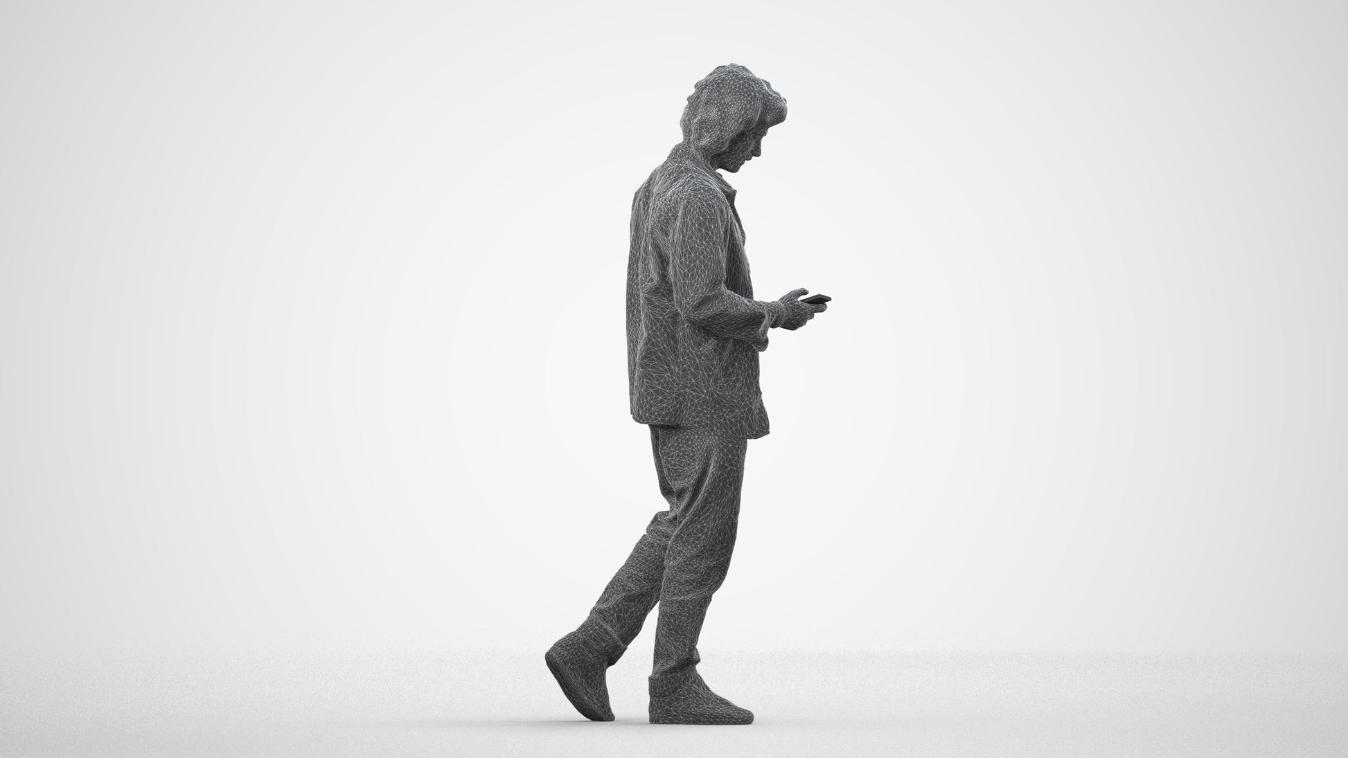 3D scanned man walking casual, photorealistic archviz people for Enscape and SketchUp, wireframe side view