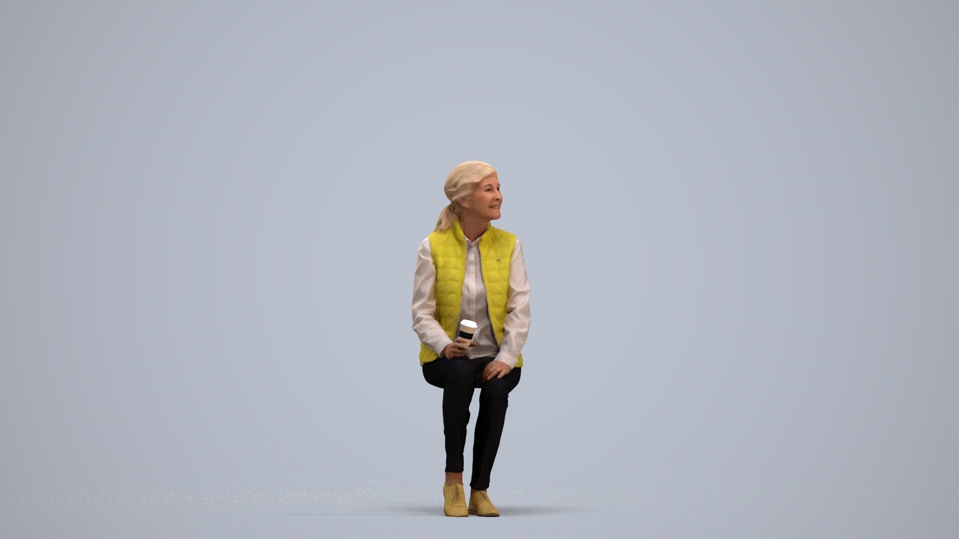 3D scanned senior woman sitting casual, photorealistic archviz people for Enscape and SketchUp, standing pose render
