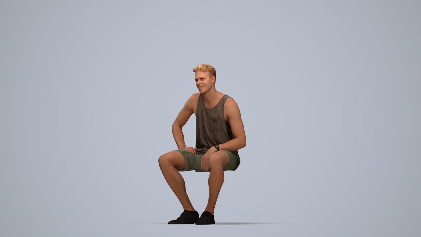 photogrammetry 3D man casual sitting, realistic human model archviz FBX, top-down view render