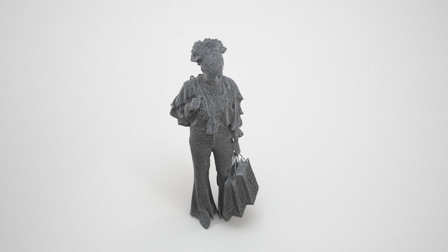 realistic 3D human woman casual shopping, archviz people FBX OBJ for Blender, wireframe three-quarter view