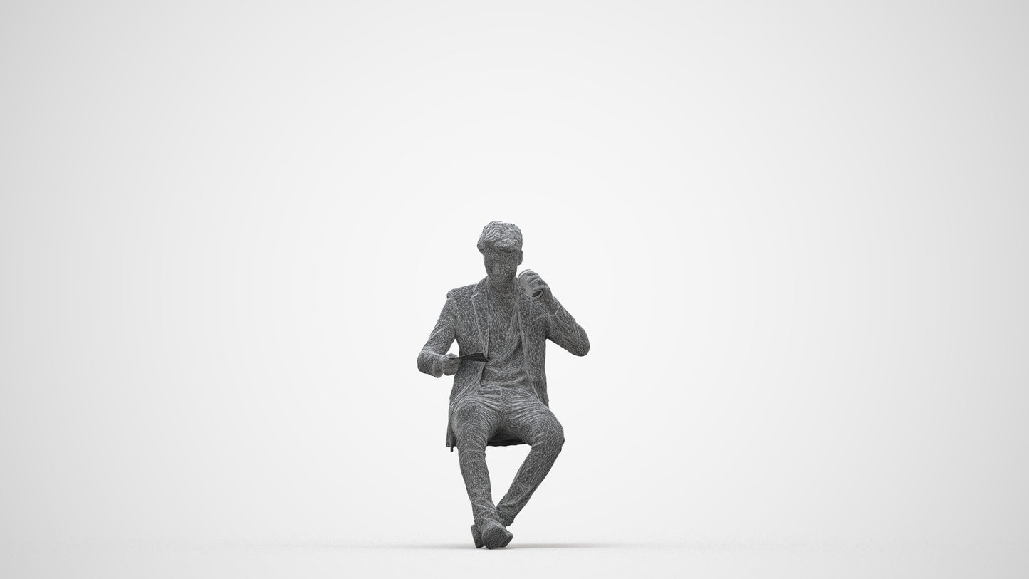 3D human model man casual sitting, photogrammetry scanned person for archviz, wireframe back view