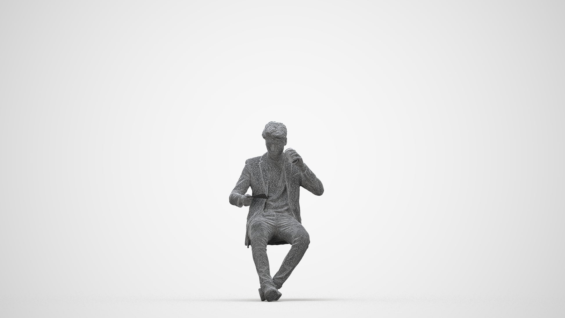 3D human model man casual sitting, photogrammetry scanned person for archviz, wireframe back view