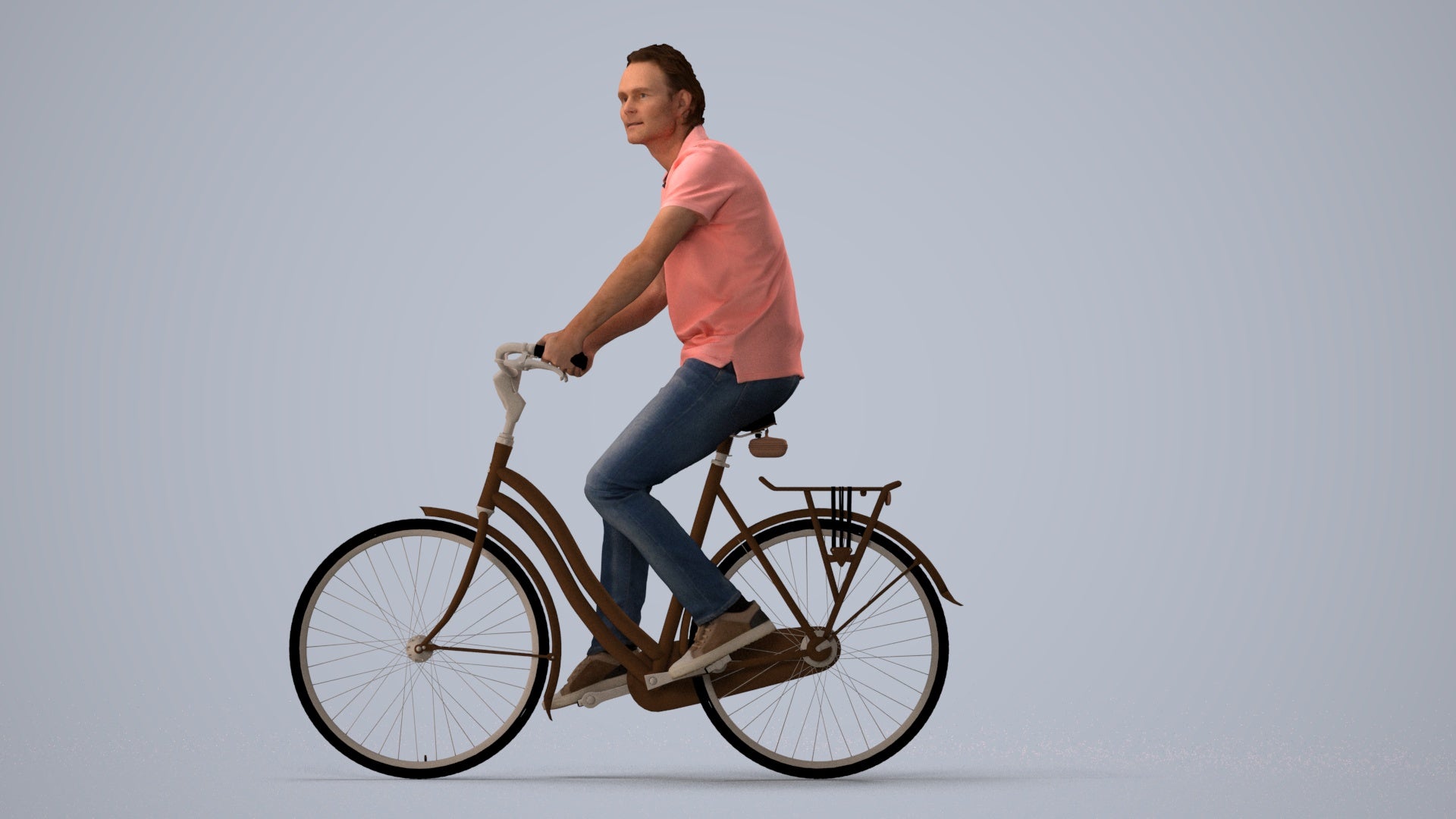 3D scanned man cycling casual, photorealistic archviz people for Enscape and SketchUp, three-quarter view render
