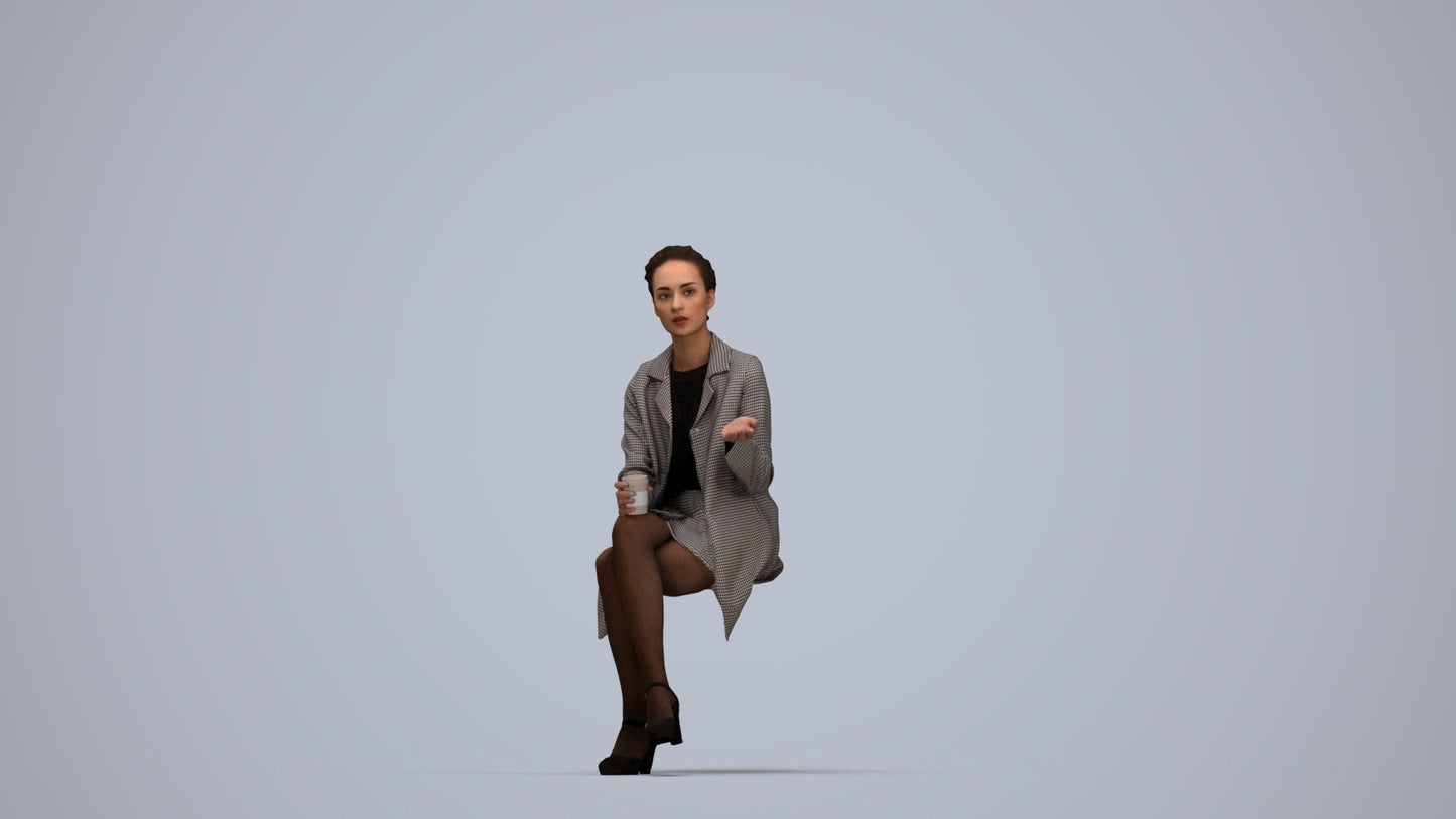 realistic 3D woman business sitting, scanned archviz people for Blender and 3ds Max, top-down view render