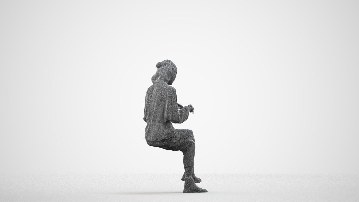 realistic 3D woman casual sitting, scanned archviz people for Blender and 3ds Max, wireframe side view