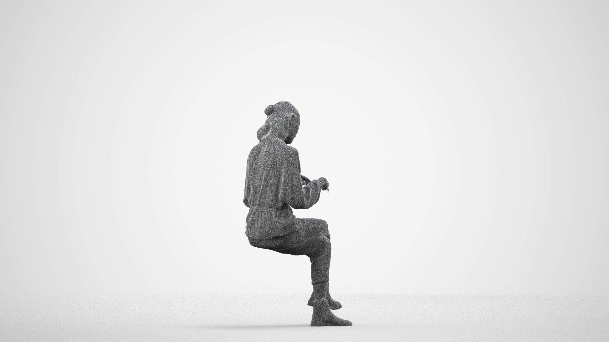 realistic 3D woman casual sitting, scanned archviz people for Blender and 3ds Max, wireframe side view