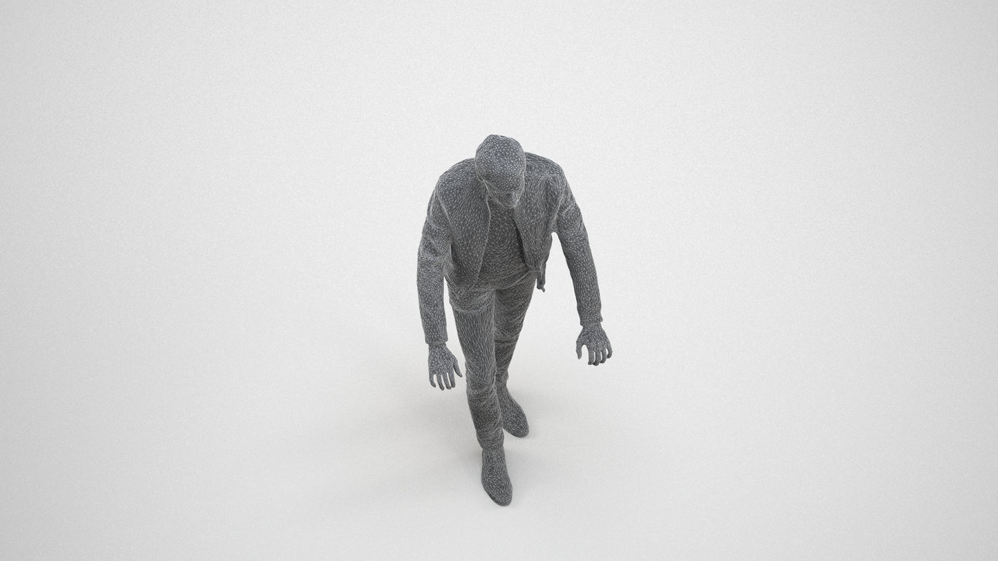 realistic 3D man casual walking, scanned archviz people for Blender and 3ds Max, wireframe three-quarter view