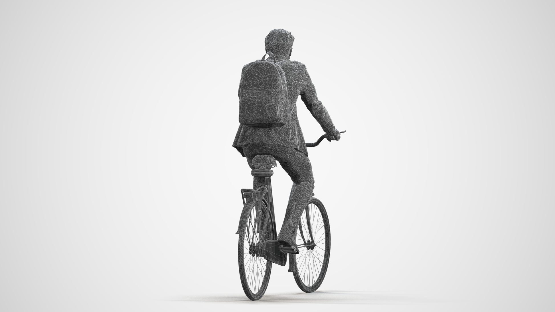 3D scanned man cycling business, photorealistic archviz people for Enscape and SketchUp, wireframe front view