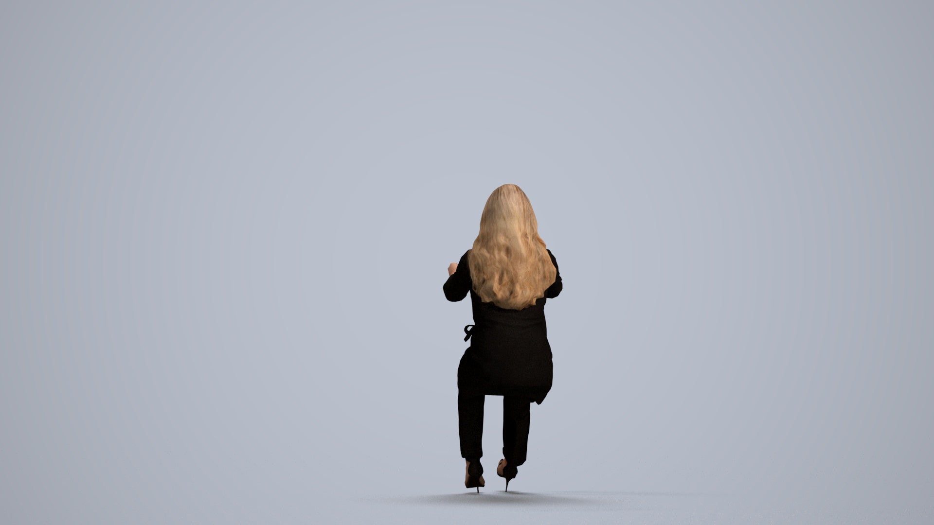 3D human model woman business sitting, photogrammetry scanned person for archviz, front view render