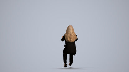 3D human model woman business sitting, photogrammetry scanned person for archviz, front view render