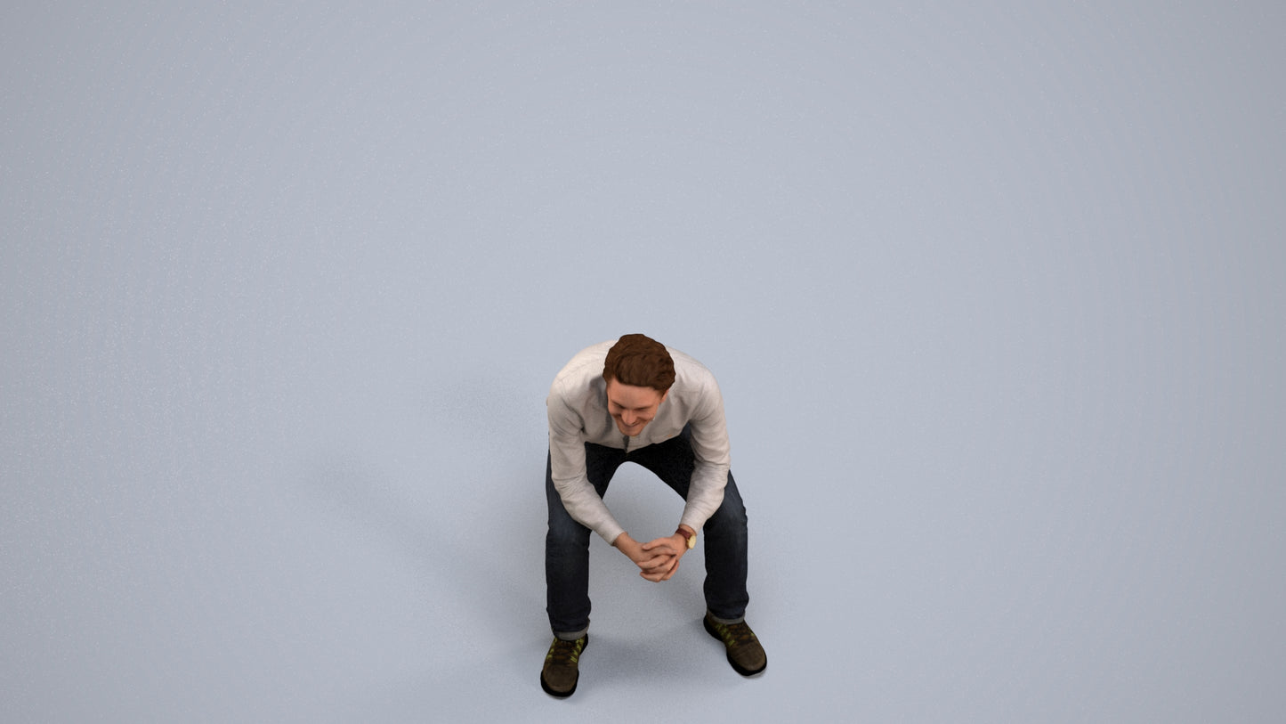 photogrammetry 3D man casual sitting, realistic human model archviz FBX, back view render