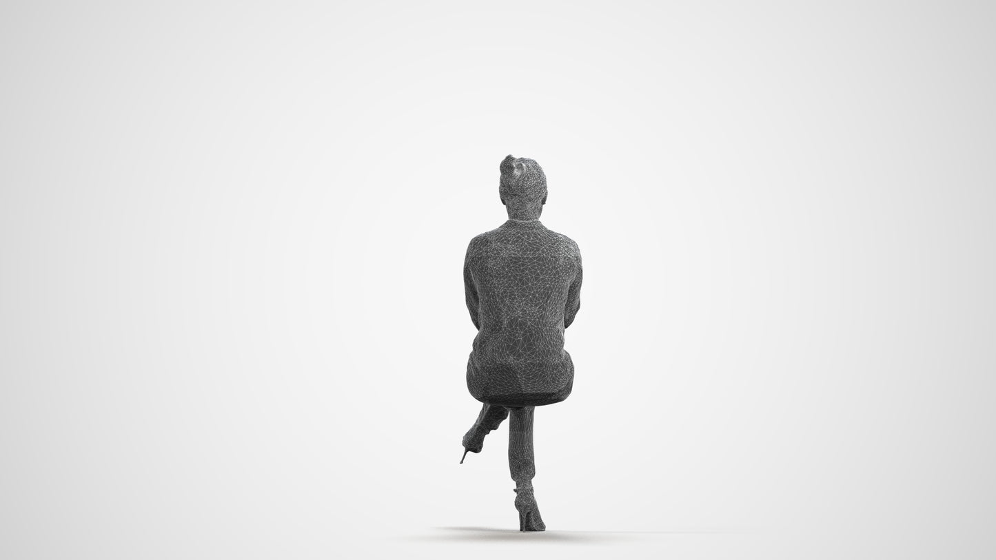 3D human model woman business sitting, photogrammetry scanned person for archviz, wireframe front view
