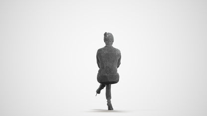 3D human model woman business sitting, photogrammetry scanned person for archviz, wireframe front view