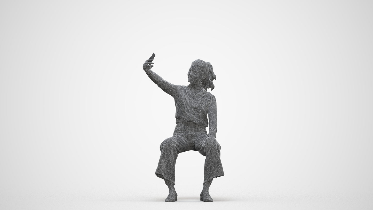 3D people model woman casual sitting, scanned human for 3ds Max rendering, three-quarter front view render