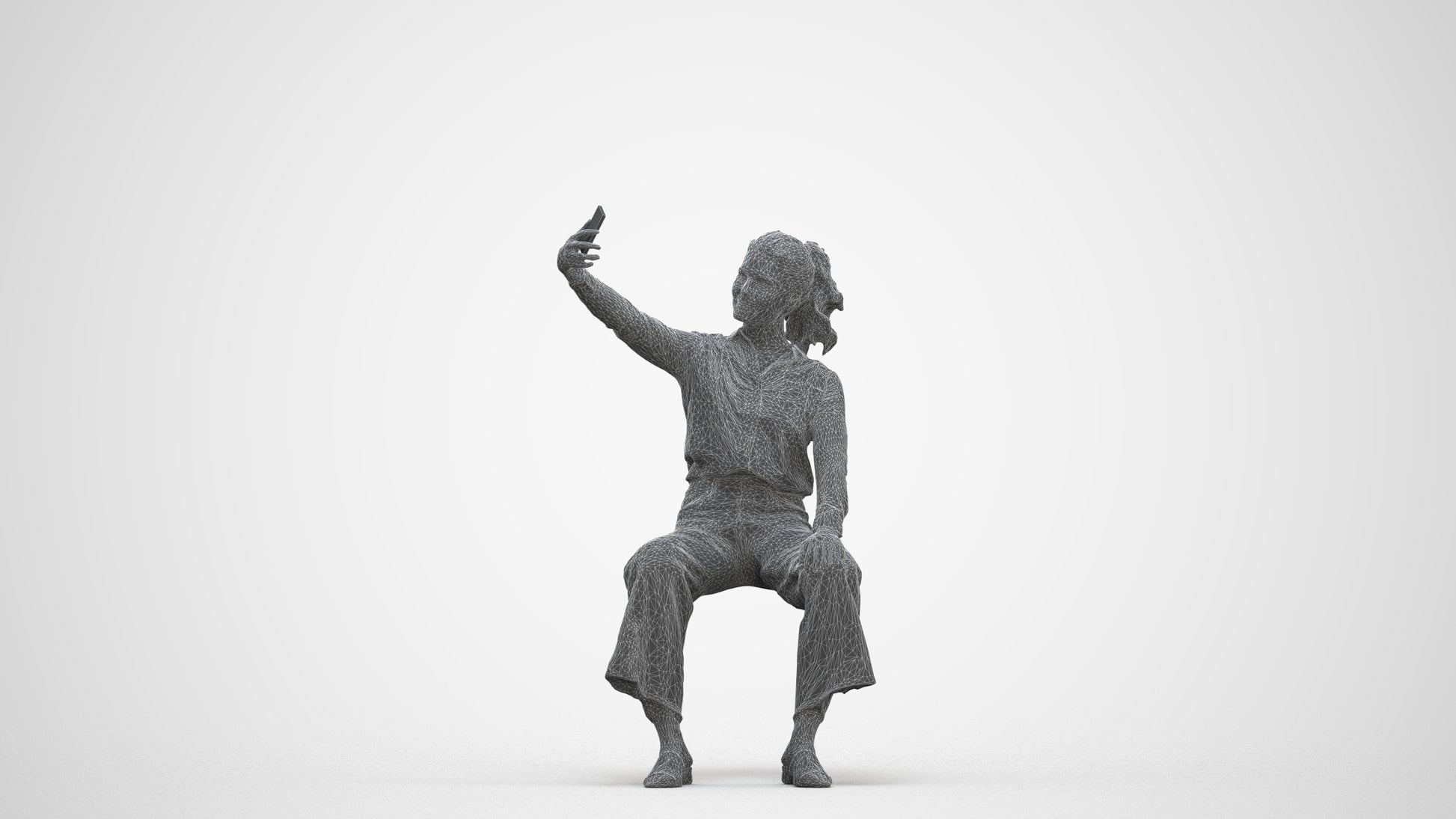 3D people model woman casual sitting, scanned human for 3ds Max rendering, three-quarter front view render