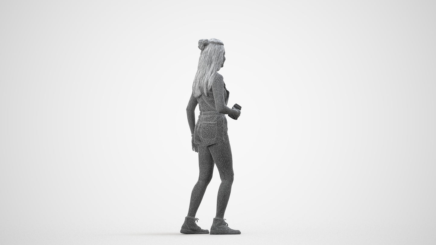 3D people model woman casual standing, scanned human for 3ds Max rendering, wireframe side view