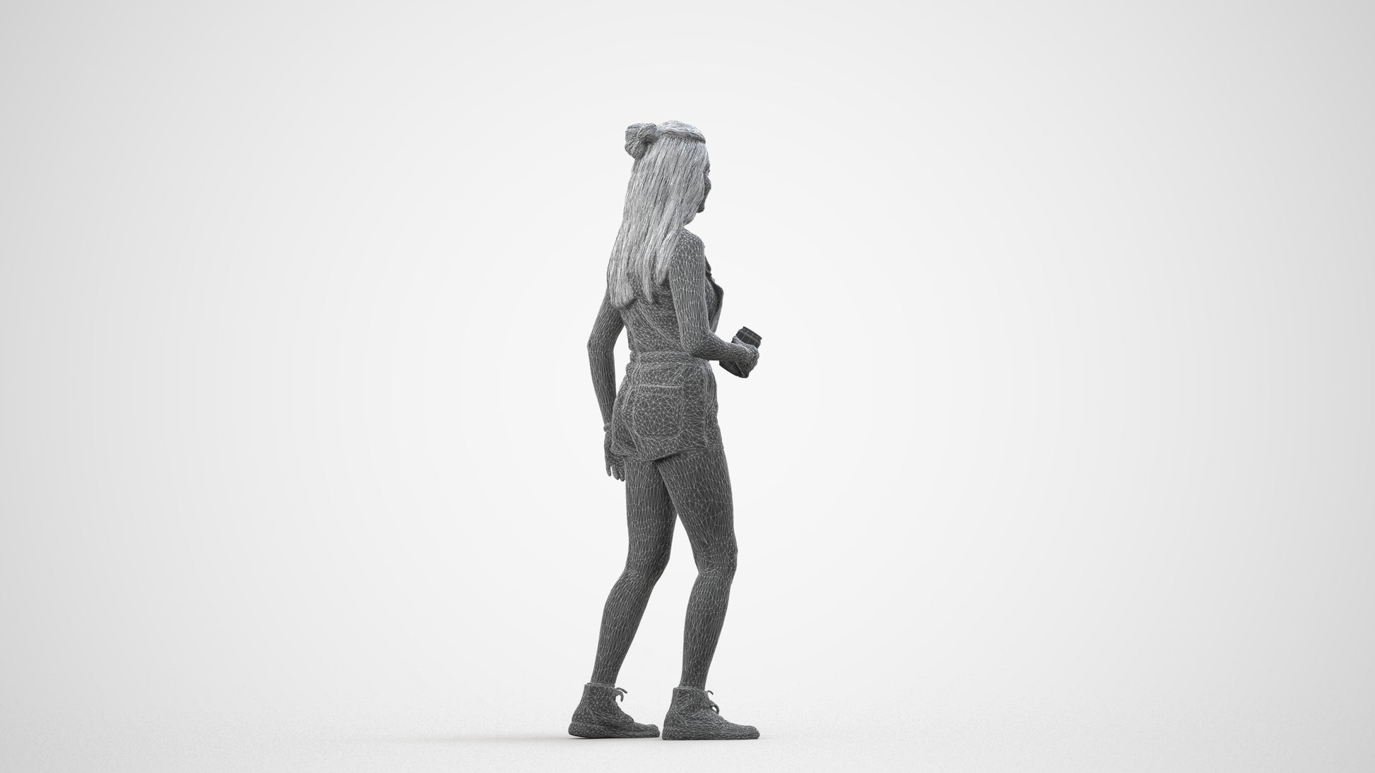 3D people model woman casual standing, scanned human for 3ds Max rendering, wireframe side view