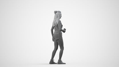 3D people model woman casual standing, scanned human for 3ds Max rendering, wireframe side view