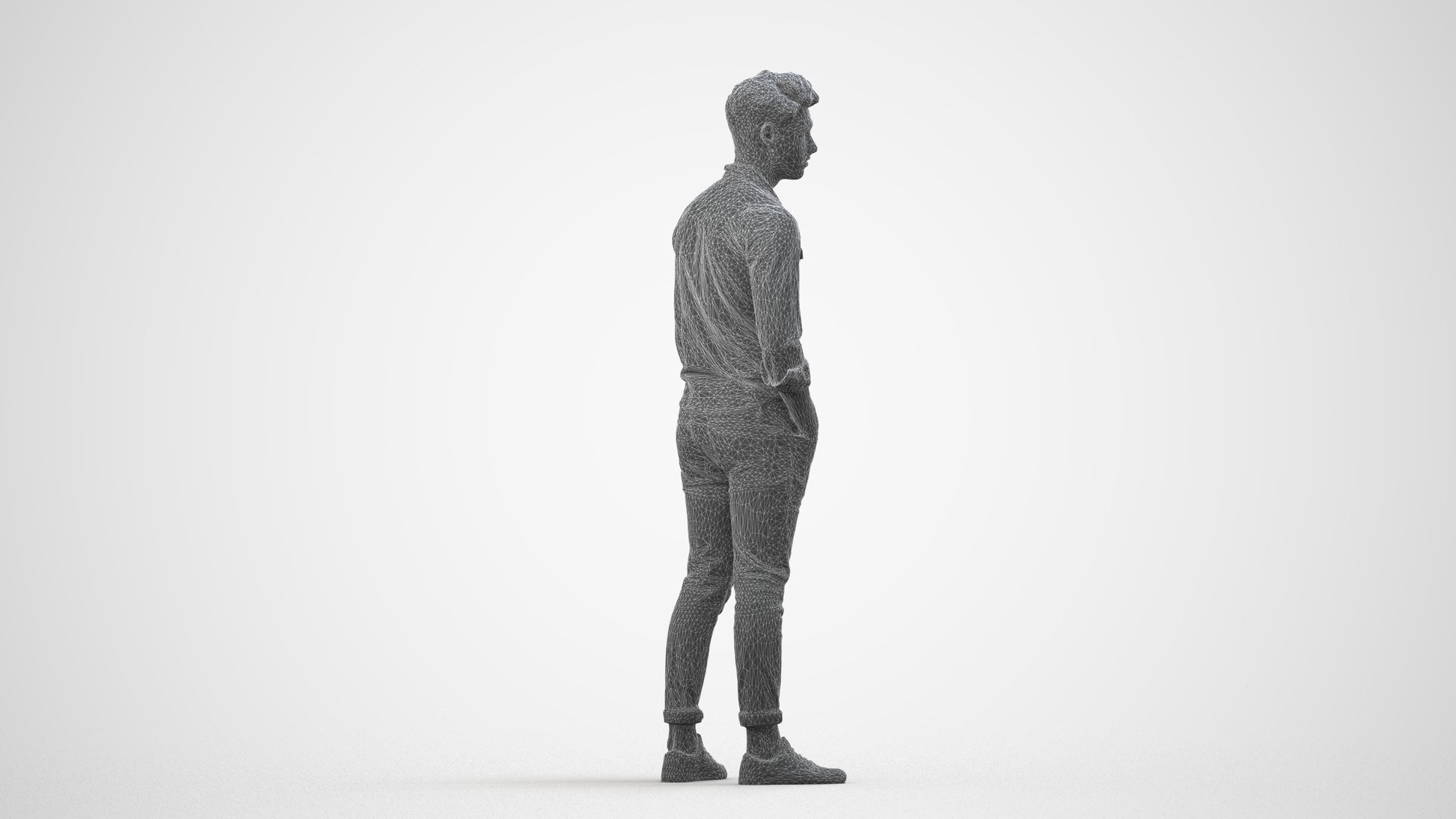 3D scanned man mix casual, photorealistic archviz people for Enscape and SketchUp, wireframe side view
