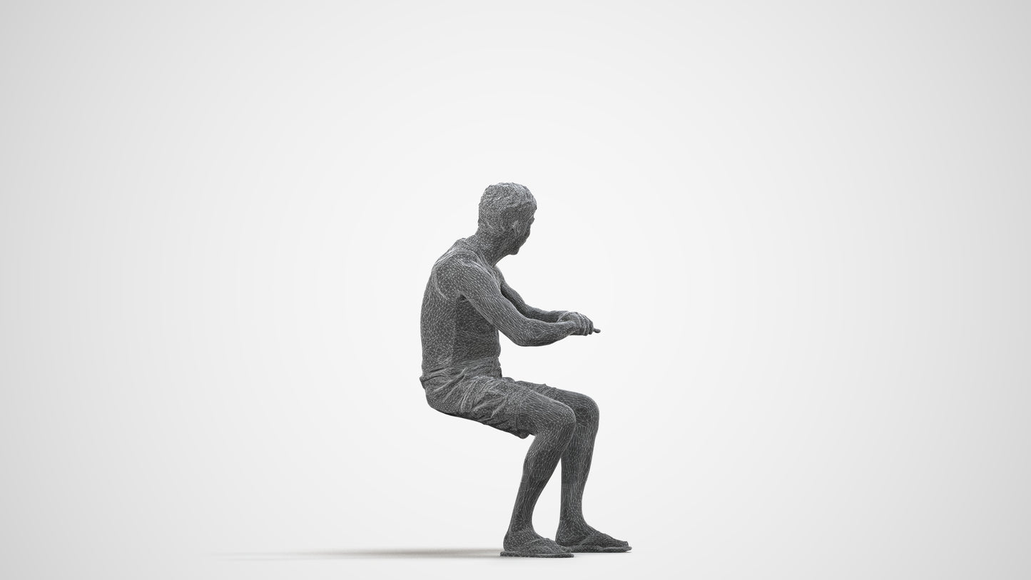 scanned 3D man casual sitting, photogrammetry people for Enscape and V-Ray, wireframe side view