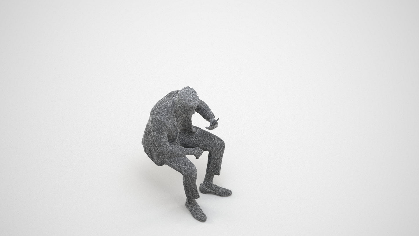 realistic 3D man casual sitting, scanned archviz people for Blender and 3ds Max, wireframe three-quarter view