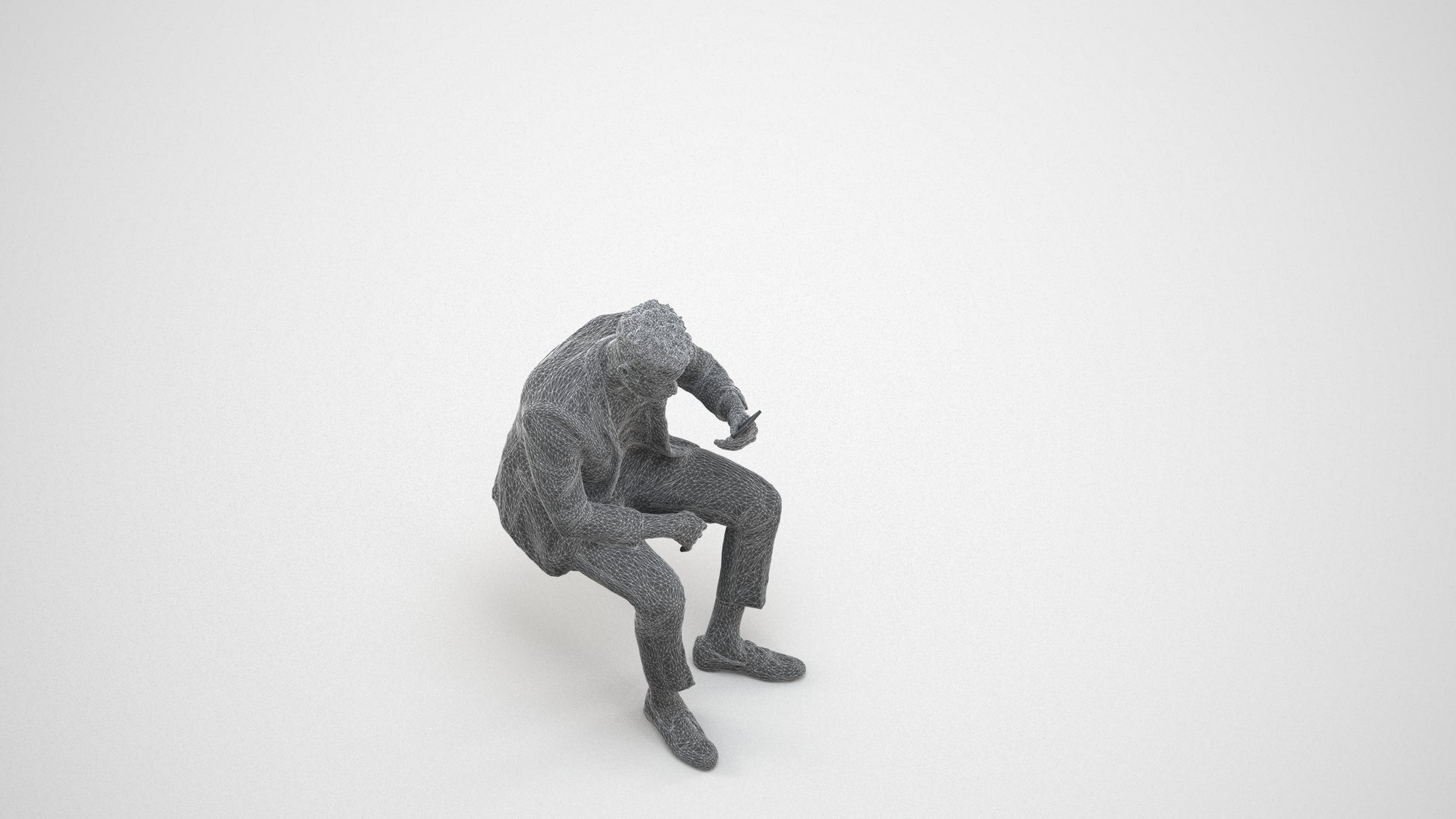 realistic 3D man casual sitting, scanned archviz people for Blender and 3ds Max, wireframe three-quarter view