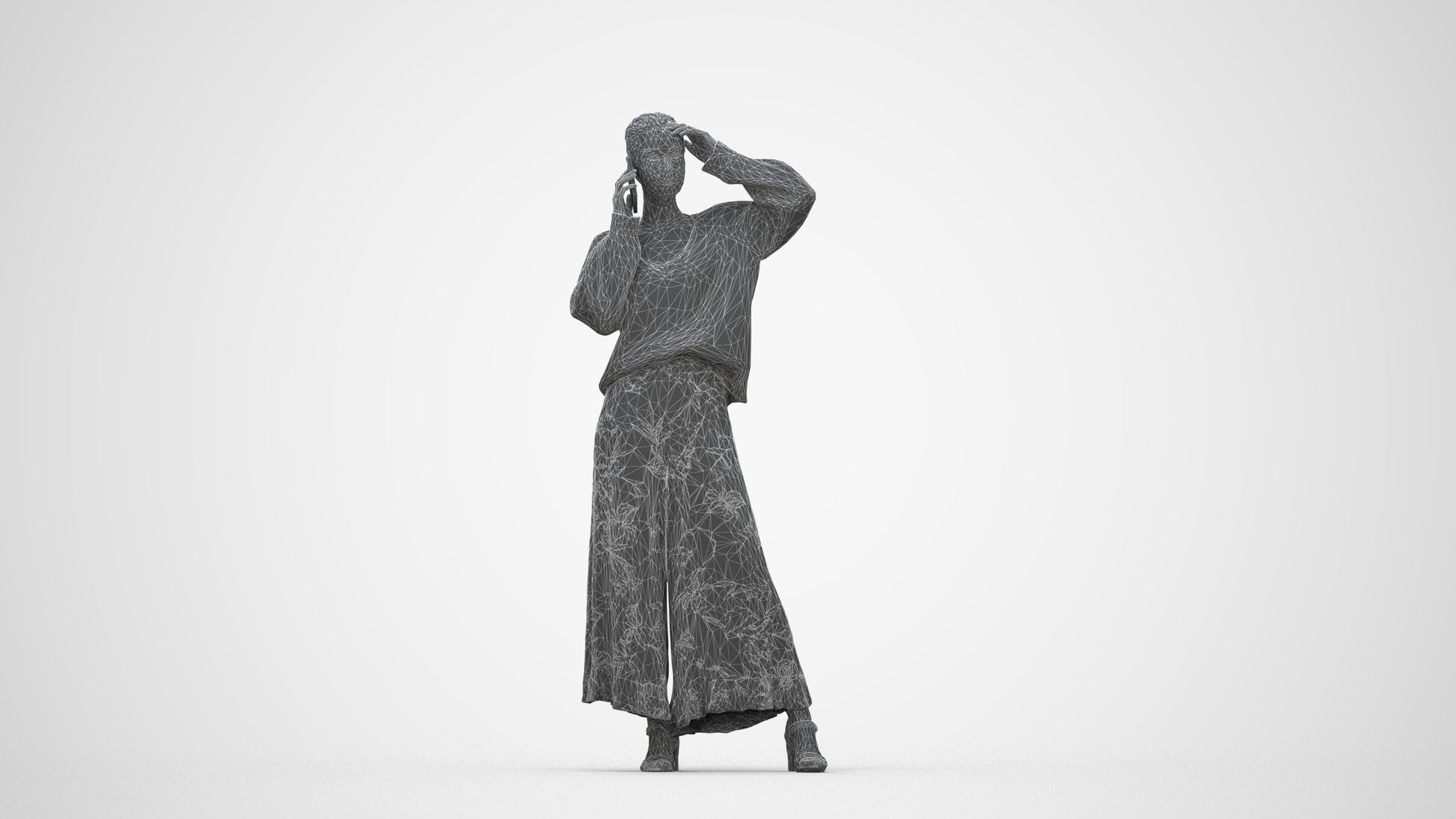 3D human model woman casual standing, photogrammetry scanned person for archviz, wireframe back view