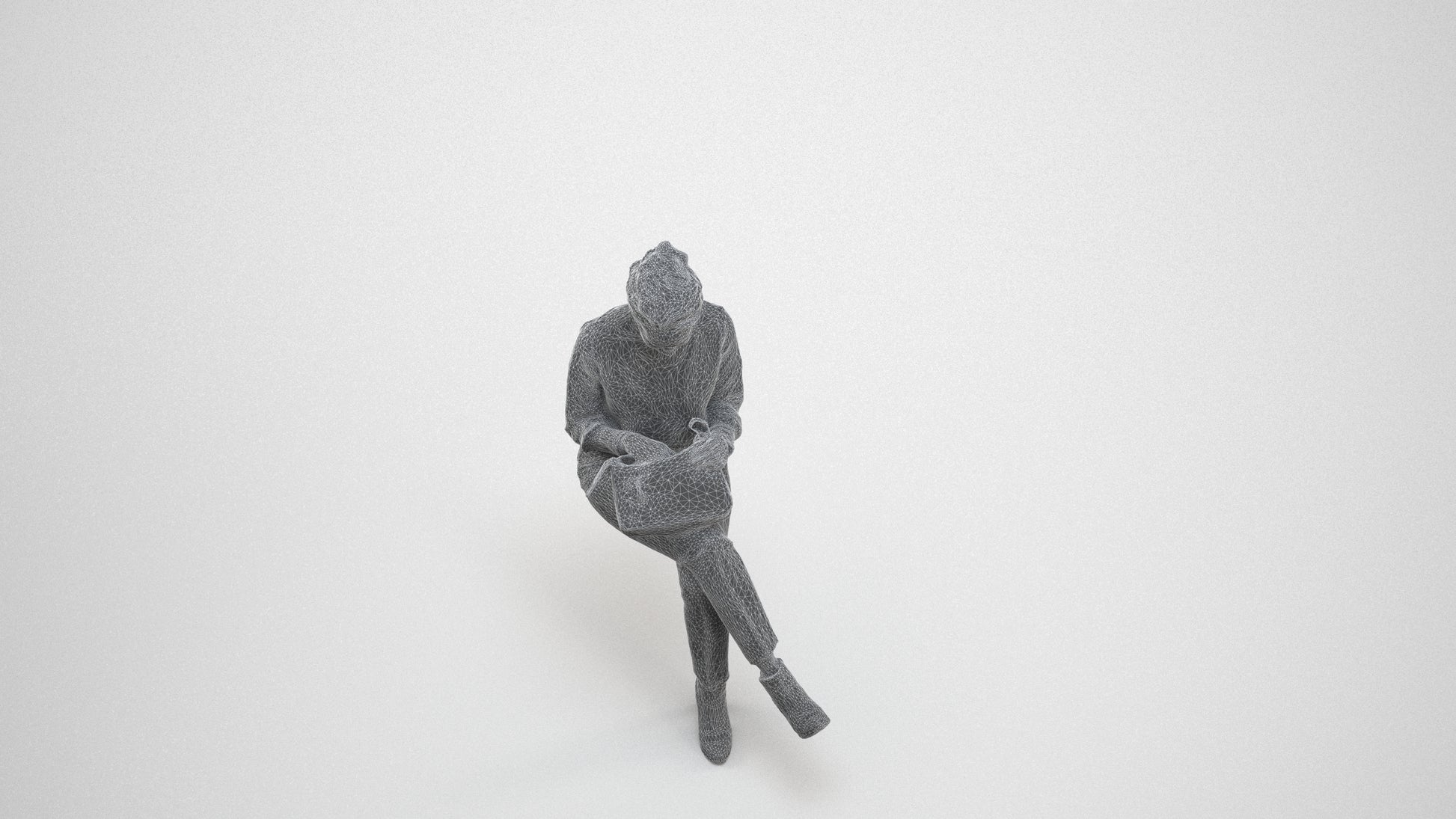 realistic 3D human woman casual sitting, archviz people FBX OBJ for Blender, wireframe three-quarter view