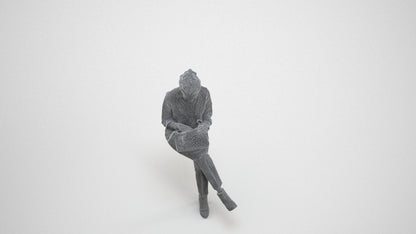 realistic 3D human woman casual sitting, archviz people FBX OBJ for Blender, wireframe three-quarter view