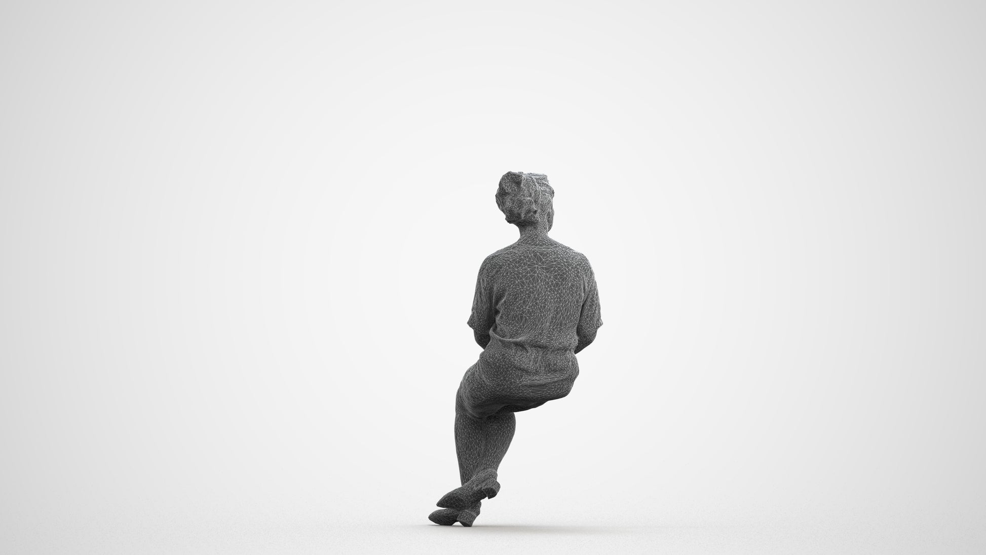 3D human model woman casual sitting, photogrammetry scanned person for archviz, wireframe front view