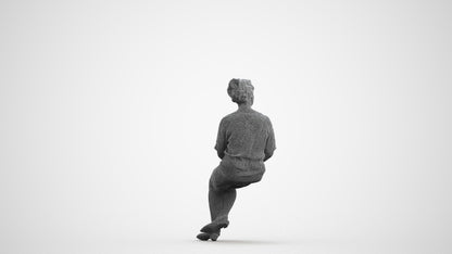 3D human model woman casual sitting, photogrammetry scanned person for archviz, wireframe front view