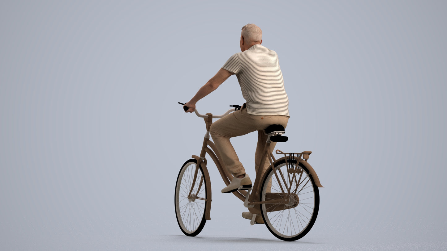 realistic 3D senior man casual cycling, scanned archviz people for Blender and 3ds Max, front view render