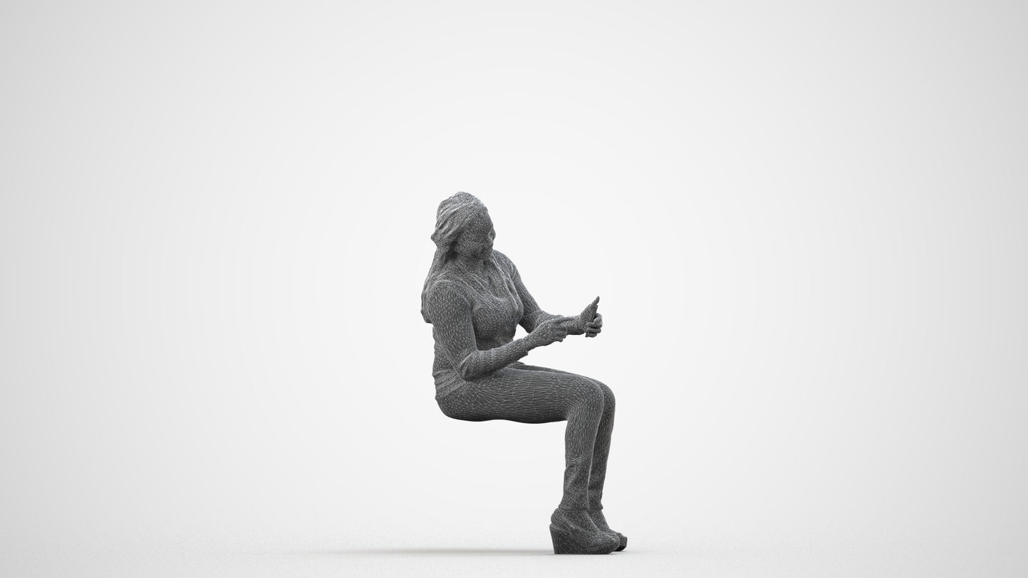 scanned 3D woman casual sitting, photogrammetry people for Enscape and V-Ray, wireframe side view