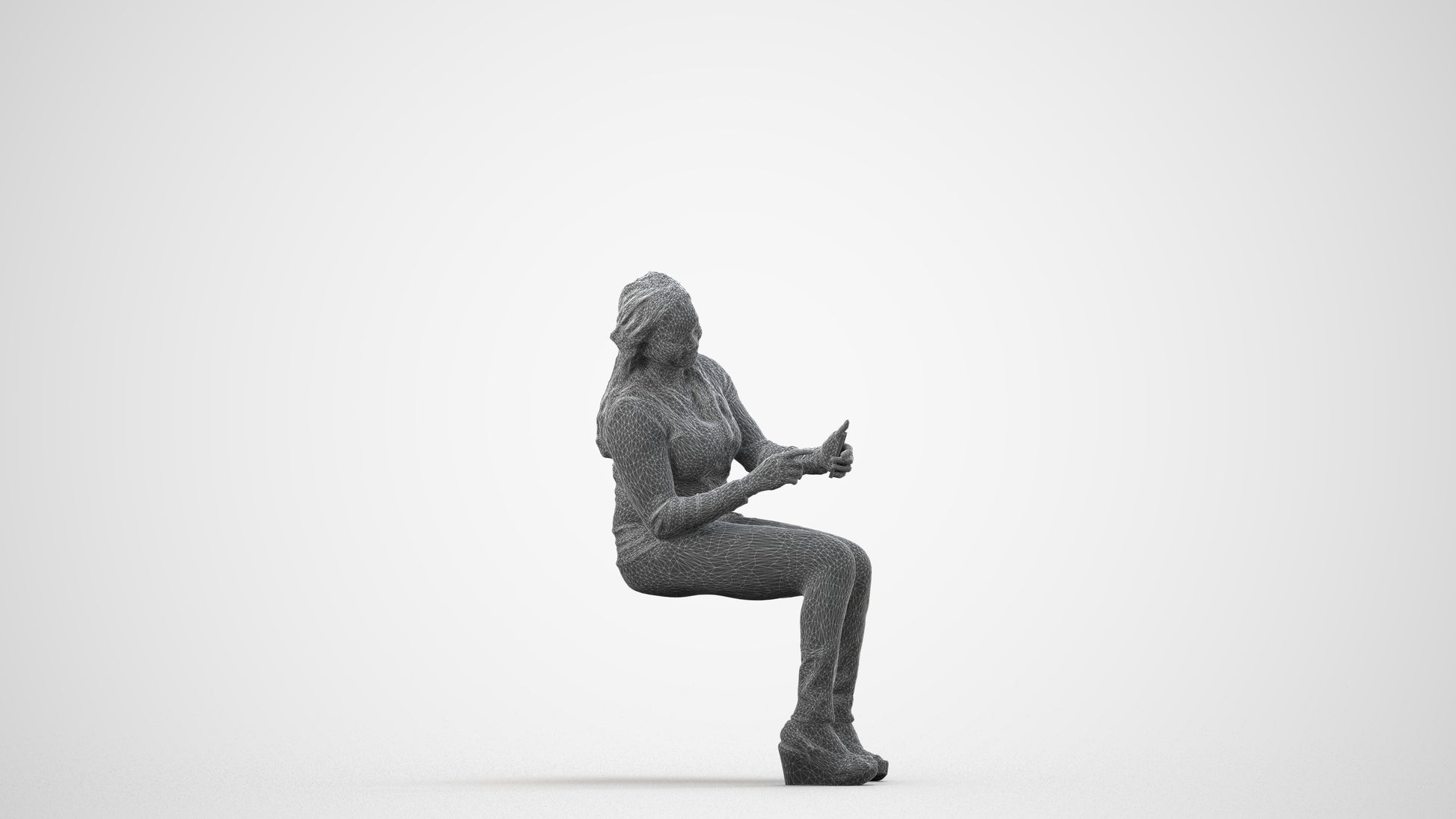 scanned 3D woman casual sitting, photogrammetry people for Enscape and V-Ray, wireframe side view
