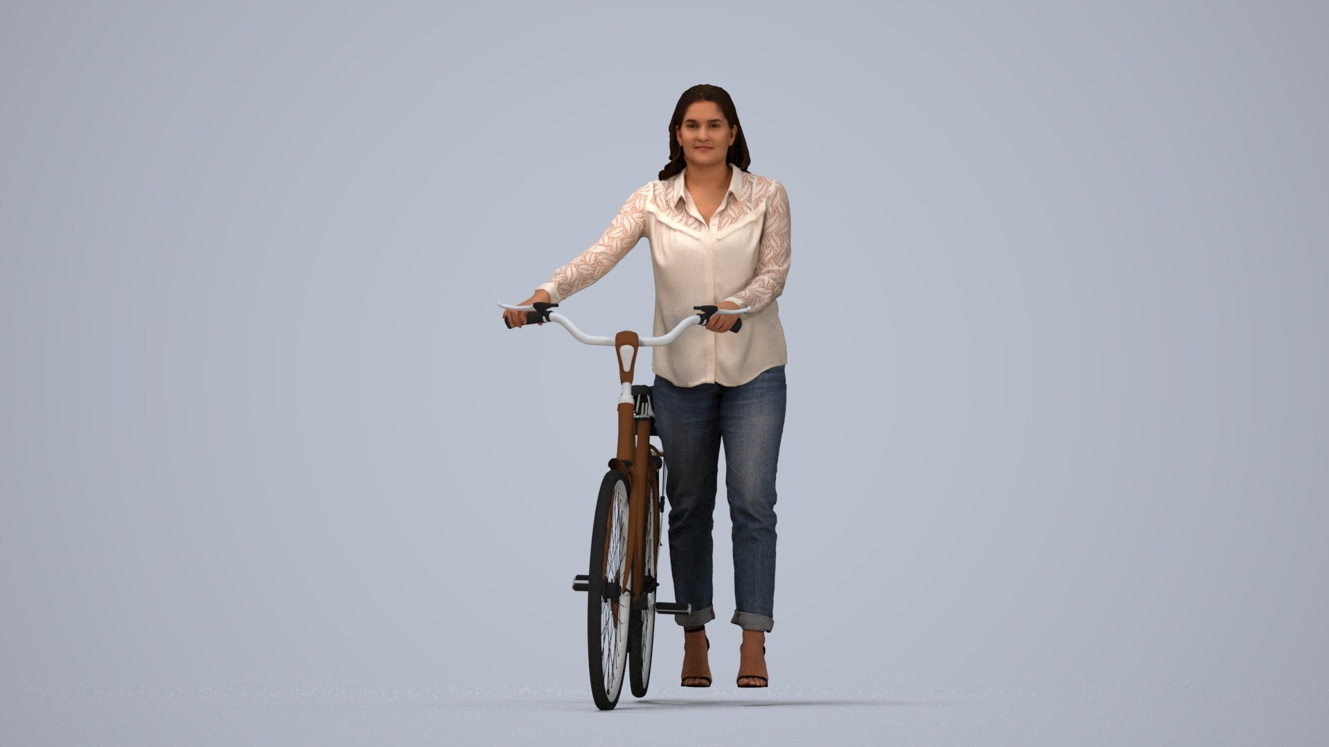 3D human model woman casual walking, photogrammetry scanned person for archviz, top-down view render