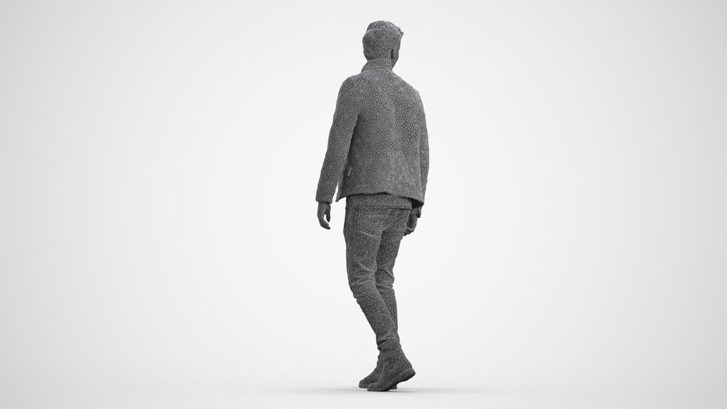 scanned 3D man casual walking, photogrammetry people for Enscape and V-Ray, wireframe front view