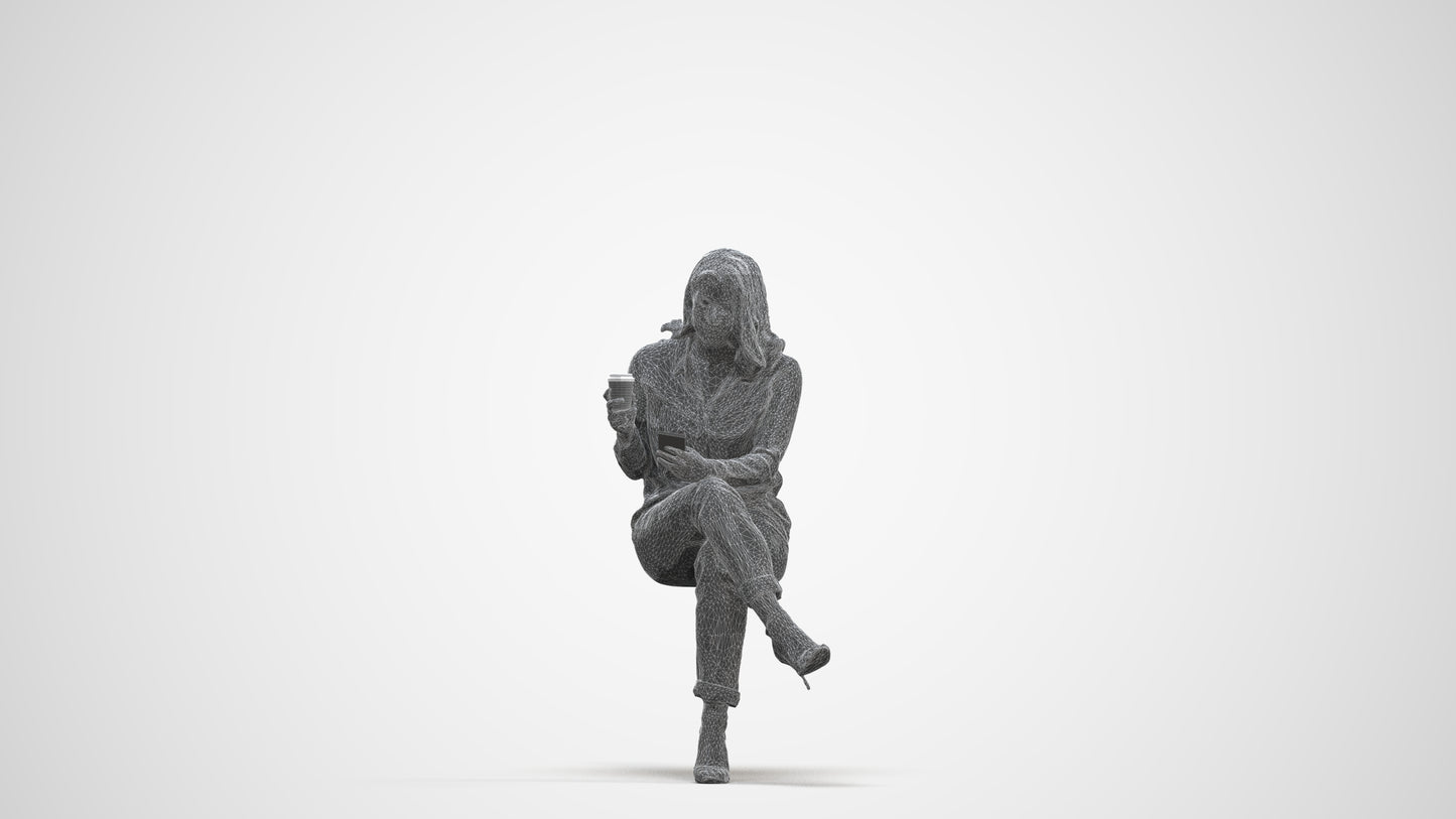 scanned 3D woman casual sitting, photogrammetry people for Enscape and V-Ray, three-quarter front view render