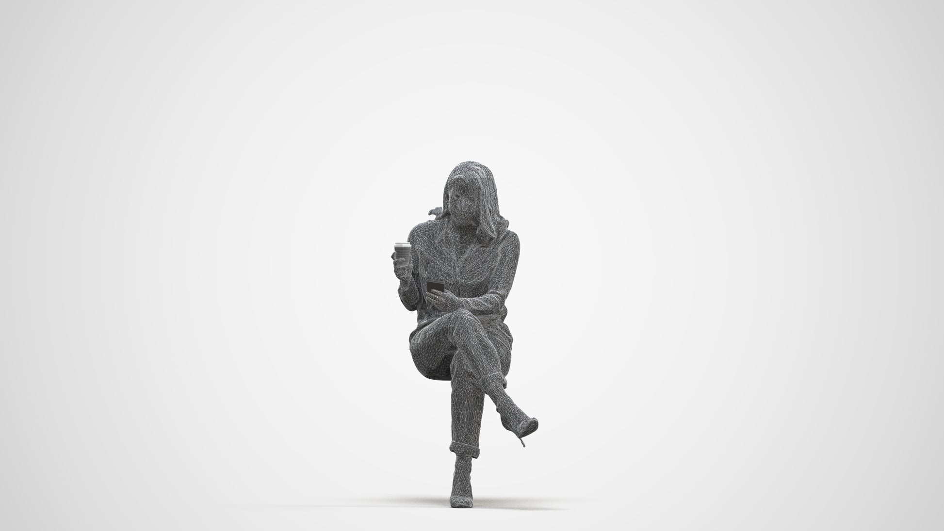 scanned 3D woman casual sitting, photogrammetry people for Enscape and V-Ray, three-quarter front view render