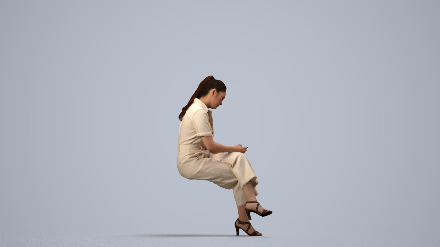 photogrammetry 3D woman formal sitting, realistic human model archviz FBX, side view render
