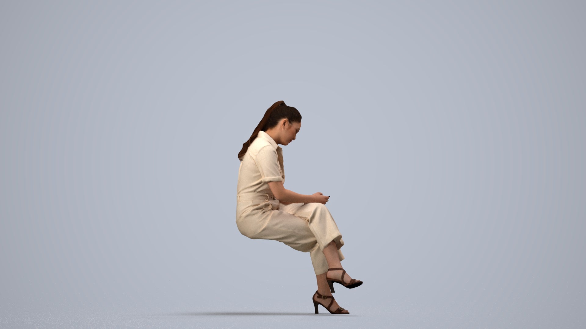 photogrammetry 3D woman formal sitting, realistic human model archviz FBX, side view render