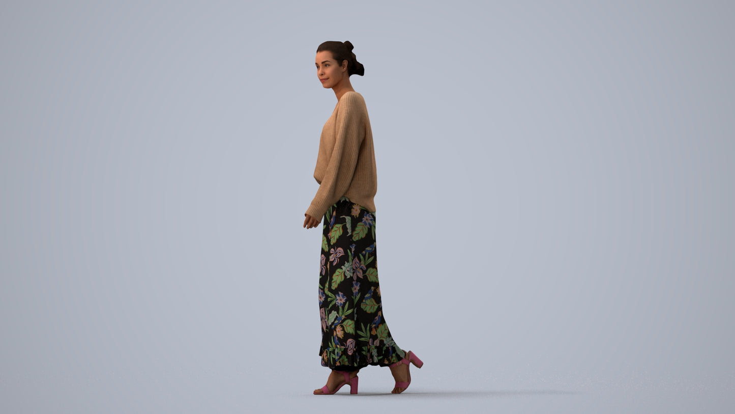 realistic 3D people woman casual walking, render-ready for V-Ray and Corona, FBX OBJ, three-quarter view render