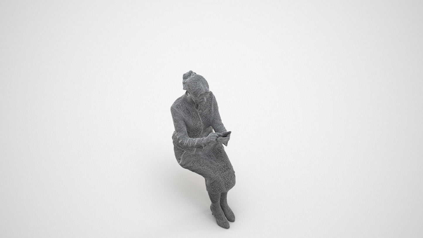 3D human model senior woman business sitting, photogrammetry scanned person for archviz, wireframe three-quarter view