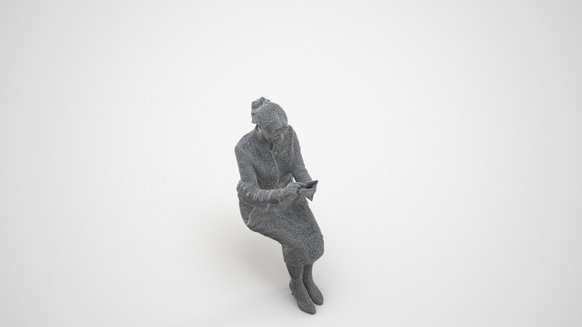 3D human model senior woman business sitting, photogrammetry scanned person for archviz, wireframe three-quarter view