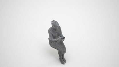 3D human model senior woman business sitting, photogrammetry scanned person for archviz, wireframe three-quarter view
