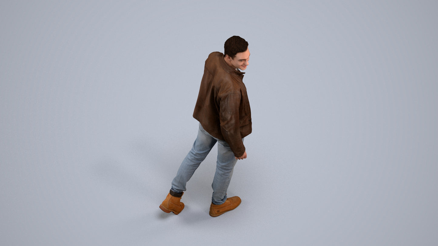 realistic 3D human man casual walking, archviz people FBX OBJ for Blender, back view render