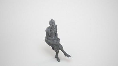 realistic 3D human woman casual sitting, archviz people FBX OBJ for Blender, wireframe three-quarter view