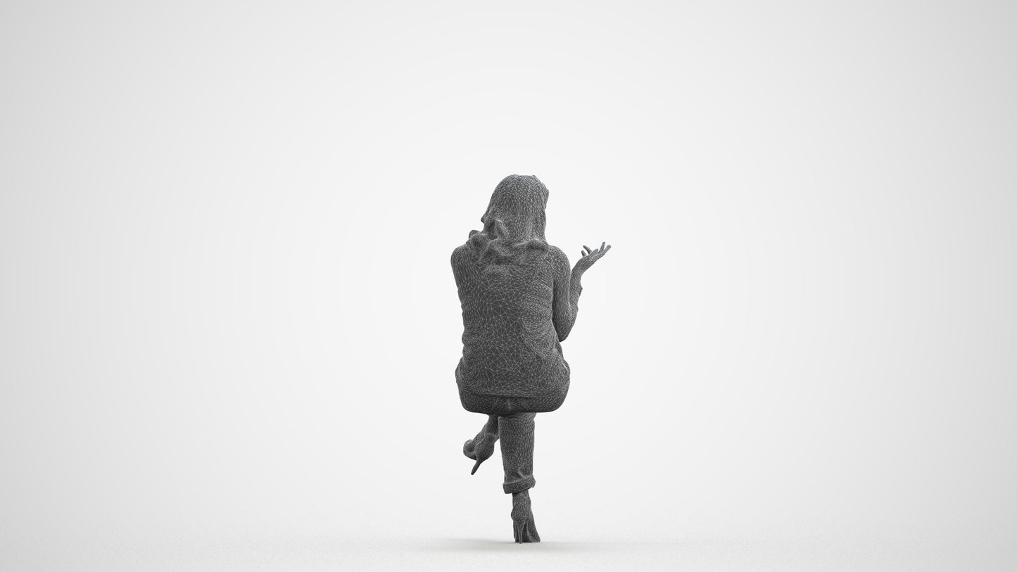 realistic 3D people woman casual sitting, render-ready for V-Ray and Corona, FBX OBJ, wireframe front view